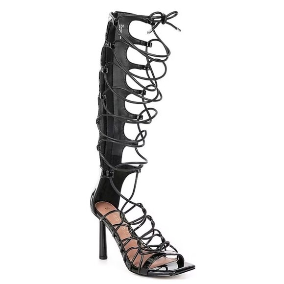 NEW Gianni Bini Rydelle Vegan Patent Tall Ankle Wrap Lace-Up Dress Sanda… - Picture 1 of 5